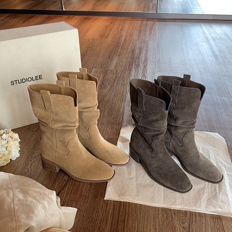 【シューズ】春 秋 冬 ラウンドトゥ チャンキーヒール 脚長効果 くしゅくしゅデザイン マーチンブーツ 【JZシリーズ】