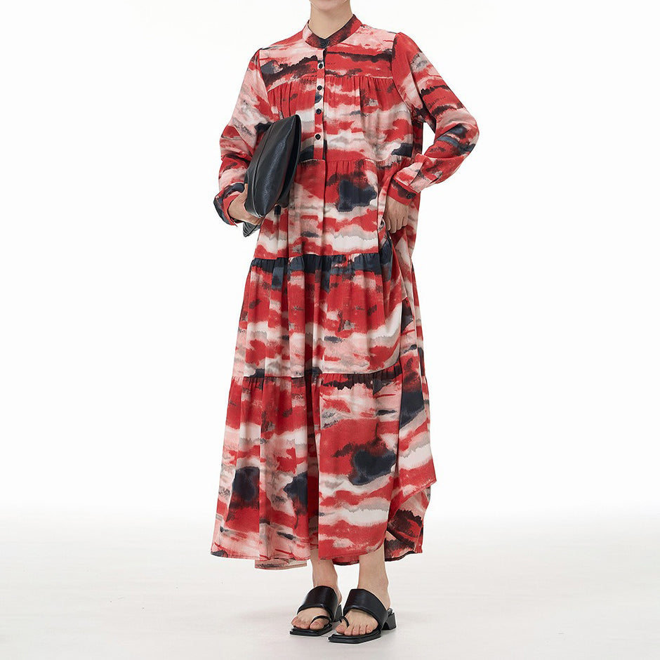 【ワンピース】ヴィンテージ風 ティアードワンピース 春夏新作 大きいサイズ レディース ルーズシルエット 長袖 着痩せ効果 バカンス・お出かけ向け ロングワンピース【SHシリーズ】