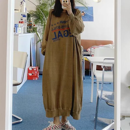 【24AW】【ワンピース】ゆったり 大きいサイズ ラウンドネック 長袖ワンピース