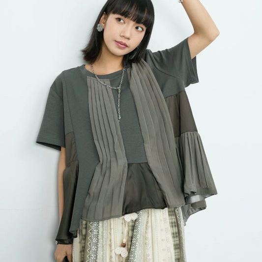 【トップス】シフォン プリーツ切替 トップス レディース 夏新作 半袖Tシャツ 上品カジュアル【JZシリーズ】