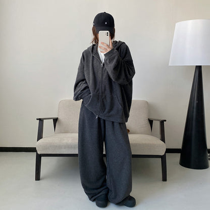 【セットアップ】【単品注文】オールドマネー風 ニットパーカージャケット＆パンツ ゆったり 裏起毛 上下セット 春秋【FCシリーズ】