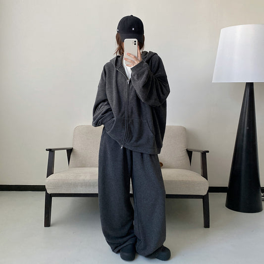 【セットアップ】【単品注文】オールドマネー風 ニットパーカージャケット＆パンツ ゆったり 裏起毛 上下セット 春秋【FCシリーズ】