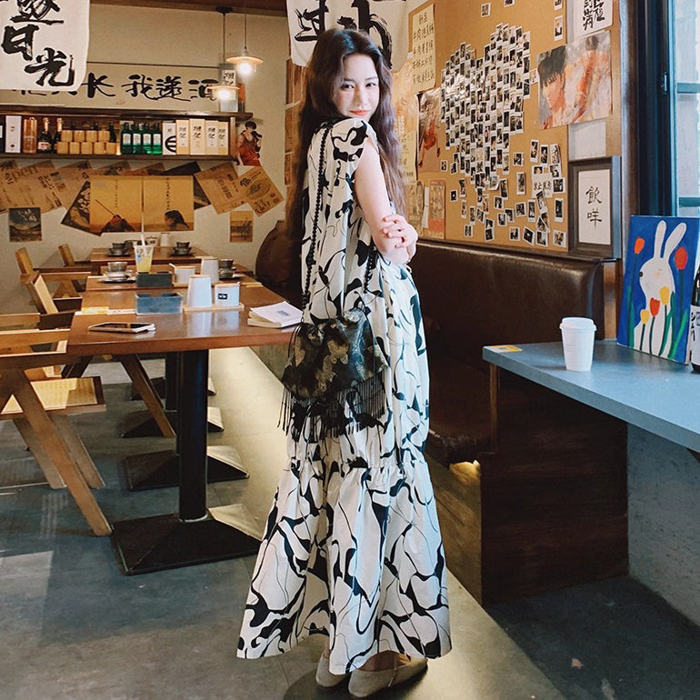 【ワンピース】夏新作 水墨風グラデーション ワンピース レトロ ゆったりノースリーブロングドレス 体型カバー着痩せ【SHリーズ】