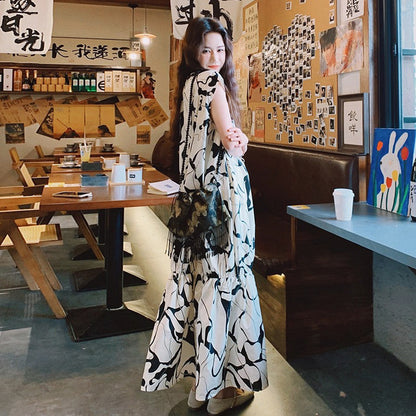 【ワンピース】夏新作 水墨風グラデーション ワンピース レトロ ゆったりノースリーブロングドレス 体型カバー着痩せ【SHリーズ】