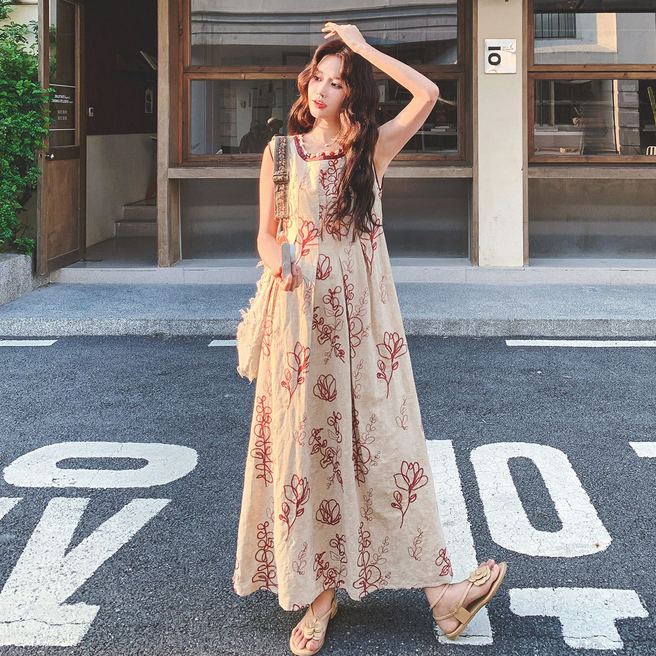 【ワンピース】刺繍 ワンピース 夏 ノースリーブ ロング 花柄プリント フレンチ風 リゾート 上品 体型カバー 人気【SHシリーズ】