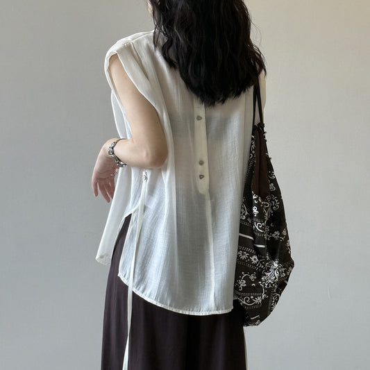 【トップス】夏 バックボタンデザイン ラウンドネック プルオーバー ノースリーブテンセルシャツ【JZシリーズ】