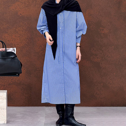 【ワンピース】秋先取り ロング丈 ストライプ 開襟長袖 シャツワンピース ゆるっとおしゃれ 着痩せデザイン【JZシリーズ】