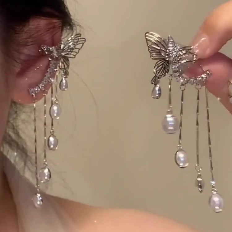 【🎁 B2G1｜先行スタート！】【グッズ】蝶モチーフ メッシュタッセル イヤーカフ イヤリング一体型 小众 高級感 レディース ピアス