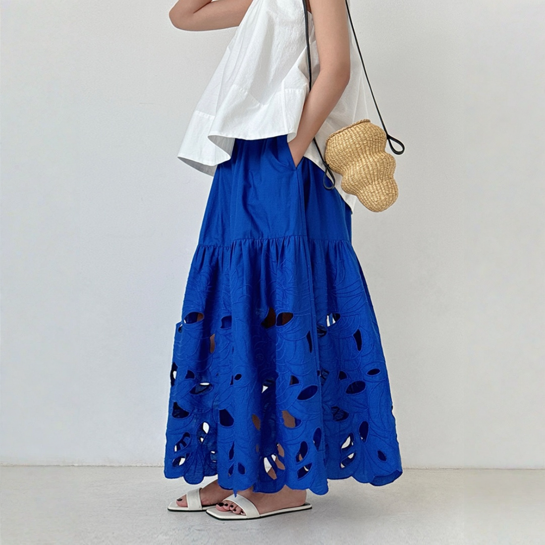 【ボトムス】クラインブルー レーザーカット透かしデザイン 両サイド刺繍 ウエストゴム仕様 スカート 【JZシリーズ】