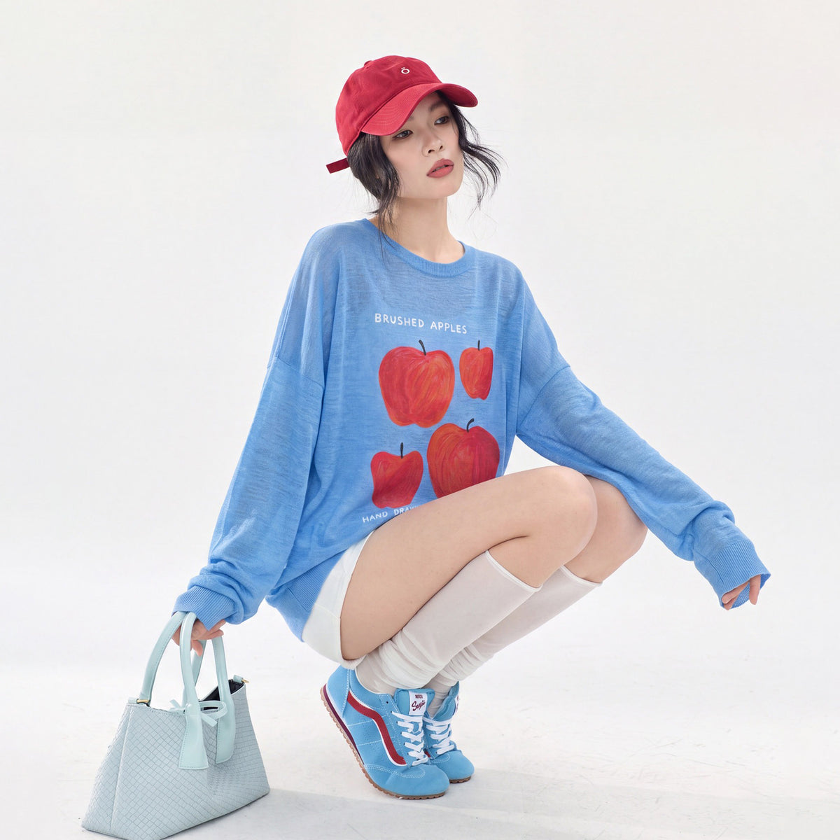 【トップス】🍎ブルーアップル柄ニットトップス レディース 秋新作 長袖 薄手 ゆったり 韓国風 Tシャツ【FCシリーズ】