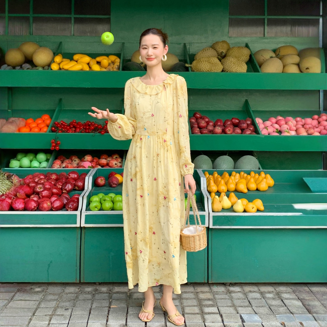 【ワンピース】春 秋 フレンチ風 刺繍入り 長袖 ロング ワンピース 【SHシリーズ】