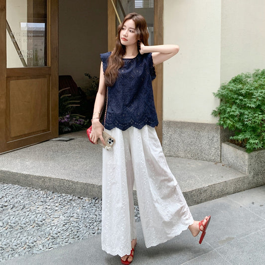 2点セット!【セットアップ】個性的で華やかな刺繍入りノースリーブトップス＋ワイドパンツ 上下セット 取り外し可能なバックフラップ付き【JZシリーズ】