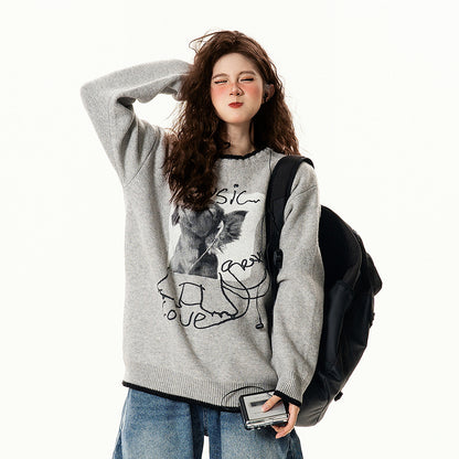 【トップス】レトロ デザイン 小犬柄 クルーネック ニット レディース ゆったり ルーズ 着回し セーター【FCシリーズ】