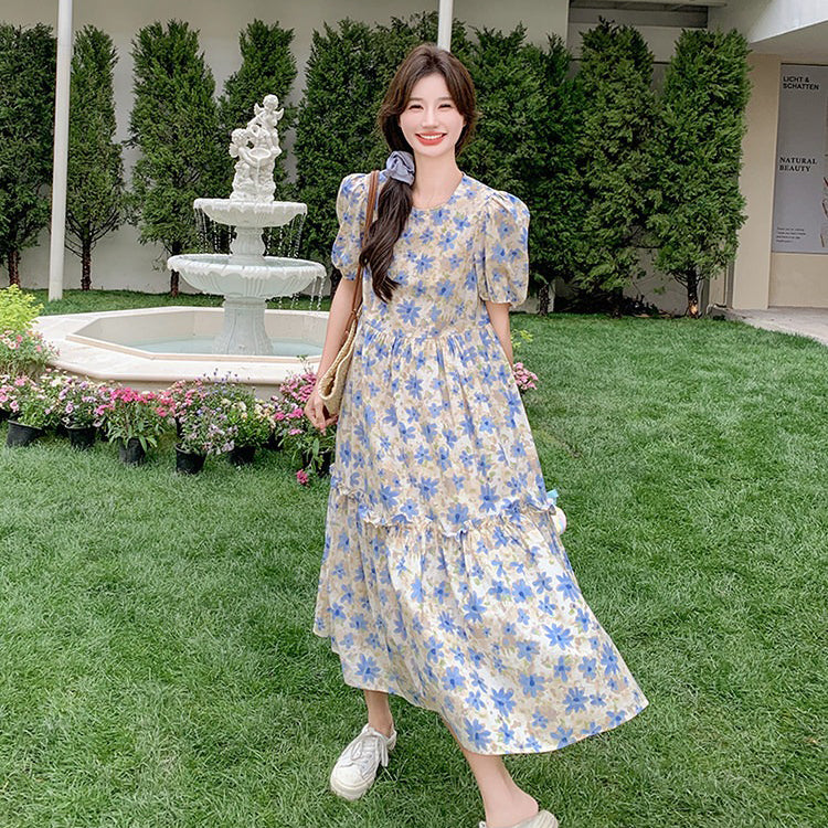 【ワンピース】花柄ワンピース レディース 夏新作 パフスリーブ ティアード フレンチ風 Aライン ロング丈 半袖【SHシリーズ】