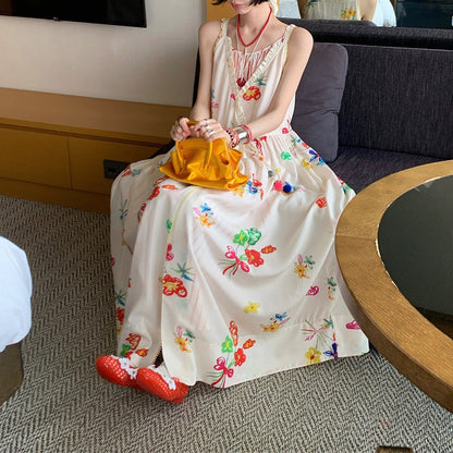 【ワンピース】カラーフラワー キャミワンピース レディース Vネック ウエストマーク フレアロング丈 リラックス感 夏ワンピース【SHシリーズ】