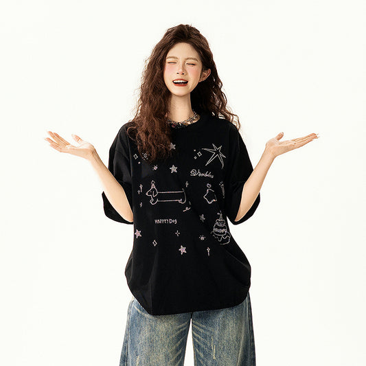 【トップス】グラフィティ Tシャツ レディース 夏 半袖 ラインストーン ゆったり オーバーサイズ 人気 カジュアル【FCシリーズ】