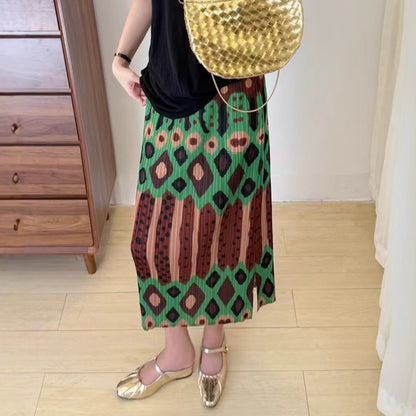 【ボトムス】プリーツカフェグリーン レトロプリント 高ウエスト着痩せスカート【SHシリーズ】