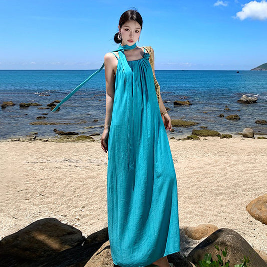 【ワンピース】リゾート キャミワンピース レディース ノースリーブ 夏 沖縄旅行 マキシワンピース ロング丈 ゆったり プリーツ 体型カバー【SHシリーズ】