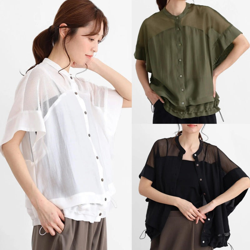 【トップス】ドローストリング エレガント 半袖 メッシュ切り替え Ｔシャツ 【JZシリーズ】