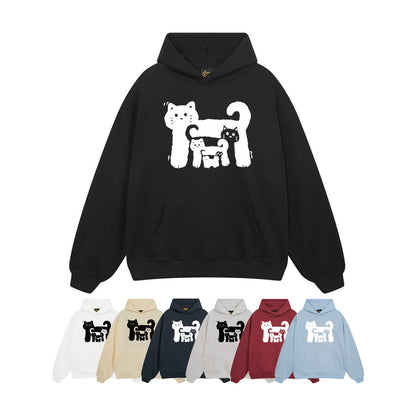 【トップス】🐱アメリカンストリート猫プリントコットンパーカー ユニセックス ペアルック 秋冬 スクール風【FCシリーズ】