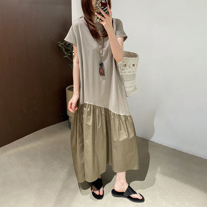 【ワンピース】 シンプル ラウンドネック 半袖Tシャツワンピース 斜め切替 デザイン ウーブン切替 オーバーサイズ ゆったり ロングTワンピ【JZシリーズ】