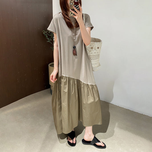 【ワンピース】 シンプル ラウンドネック 半袖Tシャツワンピース 斜め切替 デザイン ウーブン切替 オーバーサイズ ゆったり ロングTワンピ【JZシリーズ】