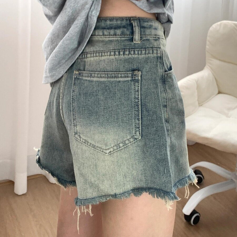 【ボトムス】Y2K風 デニムショートパンツ レディース ハイウエスト 美脚見せ ダメージ加工 夏カジュアルコーデ【FCシリーズ】