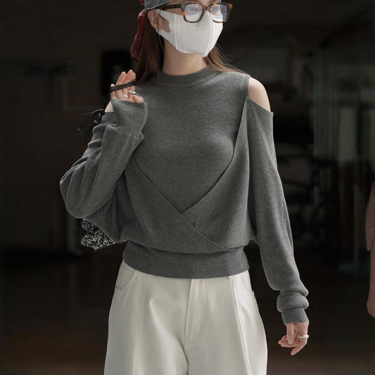 【トップス】春 秋 冬 オフショルダー クロスデザイン 肌に優しい ニット Ｔシャツ 【JZシリーズ】