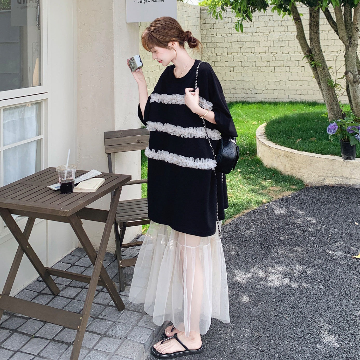 2点セット！【セットアップ】韓国風 レディース 夏 Tシャツワンピ チュール切替 ロングスカート 上下セット【JZシリーズ】
