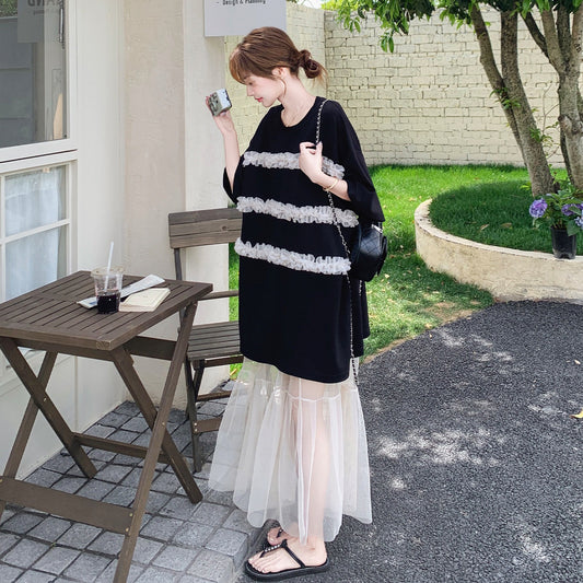 2点セット！【セットアップ】韓国風 レディース 夏 Tシャツワンピ チュール切替 ロングスカート 上下セット【JZシリーズ】