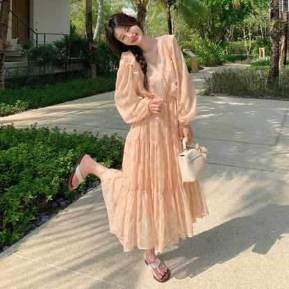 【ワンピース】フレンチ風フリル花柄 長袖ワンピース 細見え フェミニン ロングドレス 爆発ヒット【SHシリーズ】