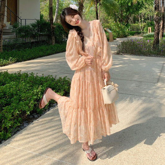 【ワンピース】フレンチ風フリル花柄 長袖ワンピース 細見え フェミニン ロングドレス 爆発ヒット【SHシリーズ】