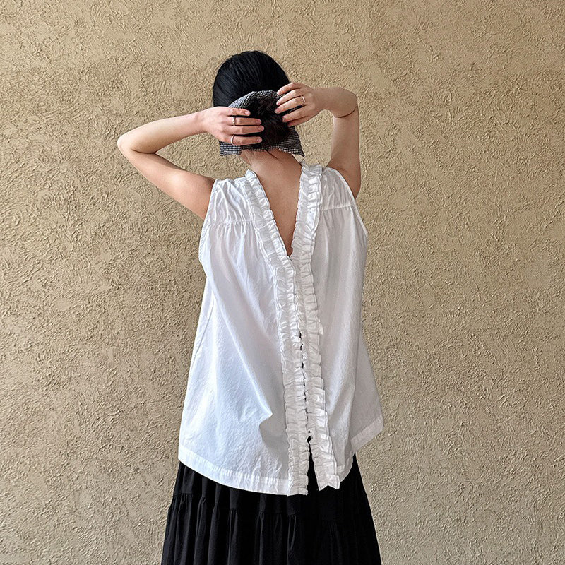 【トップス】前後2WAY フレンチ風 花びらネックフリルデザイン ノースリーブブラウス【JZシリーズ】