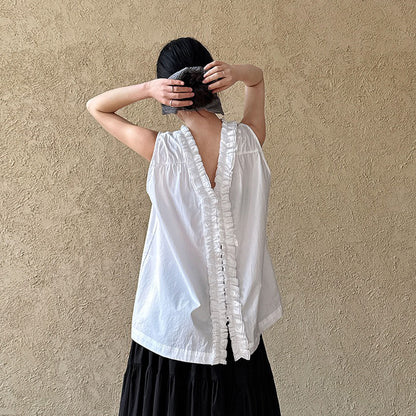 【トップス】前後2WAY フレンチ風 花びらネックフリルデザイン ノースリーブブラウス【JZシリーズ】