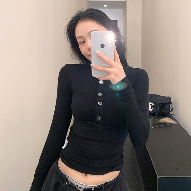 【トップス】春 秋 冬 スリム ショート丈 スタンドカラー 長袖 Ｔシャツ 【FCシリーズ】