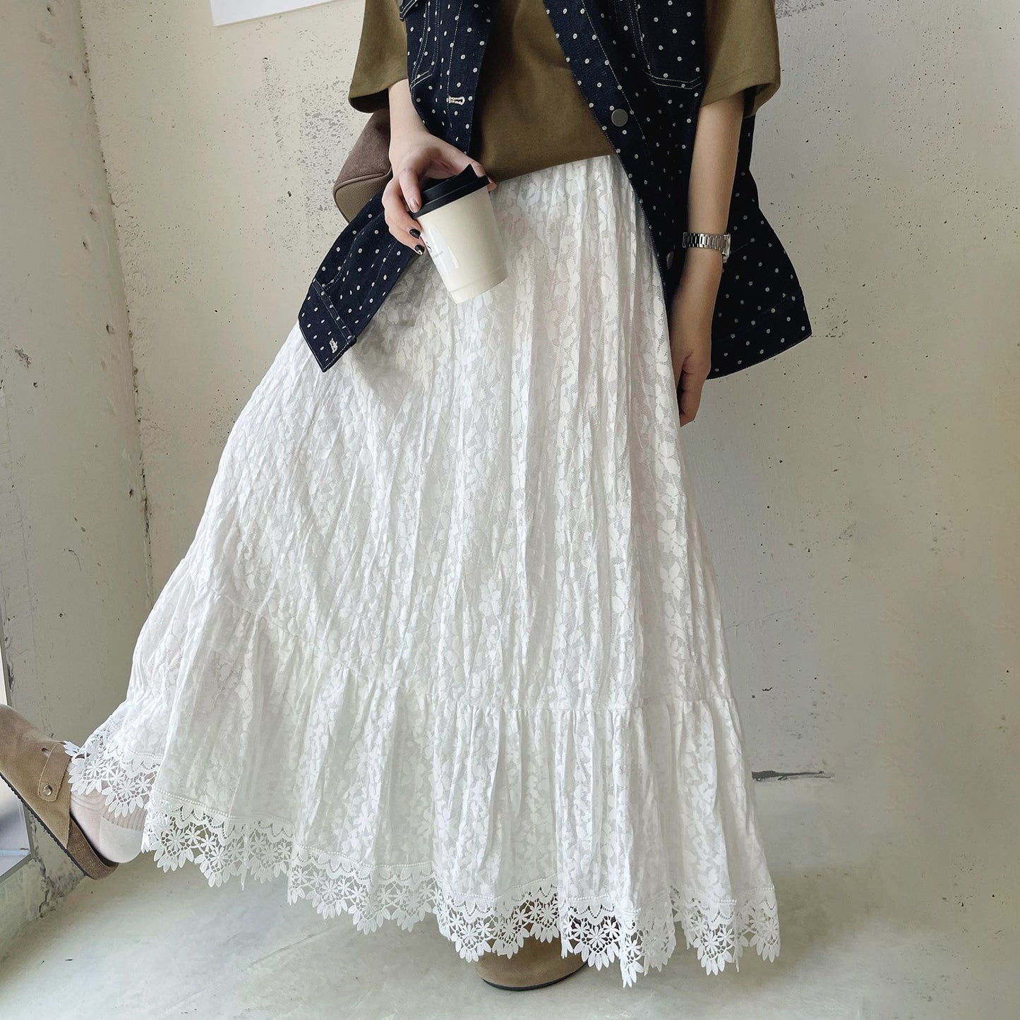 【ボトムス】 初秋新作 ロングスカート ふんわりフェミニン デザイン性 小众レース切り替えスカート