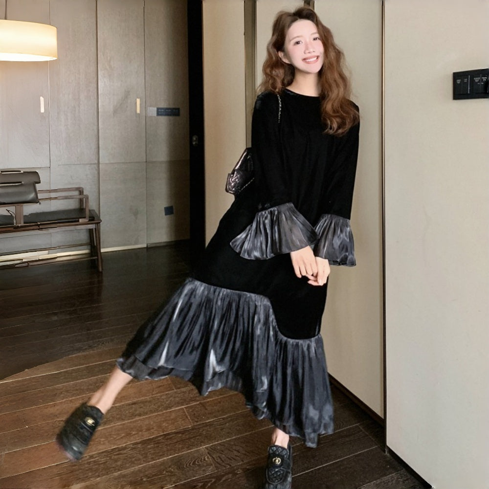 【ワンピース】春 秋 冬 フレンチ 高級感 気質よい フリル ベルベット 長袖ワンピース【JZシリーズ】