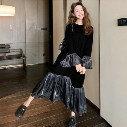 【ワンピース】春 秋 冬 フレンチ 高級感 気質よい フリル ベルベット 長袖ワンピース【JZシリーズ】