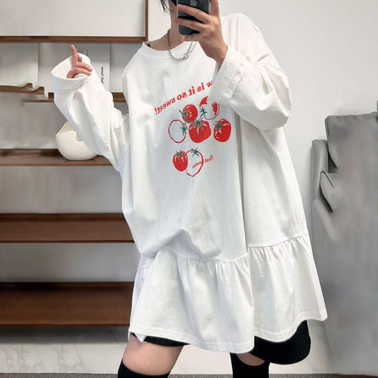 【トップス】ゆったり 丸首 長袖 Tシャツ コットン トマトプリント 切替【JZシリーズ】