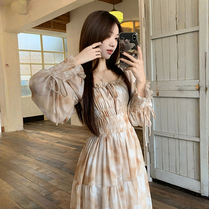 【ワンピース】フレンチ 小花柄 ウエストゴム スクエアネック 長袖 ワンピース 【SHシリーズ】