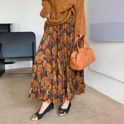 【ボトムス】レトロ風 プリーツスカート 秋新作 ハイウエスト 脚長効果 フレアAラインロングスカート【SHシリーズ】