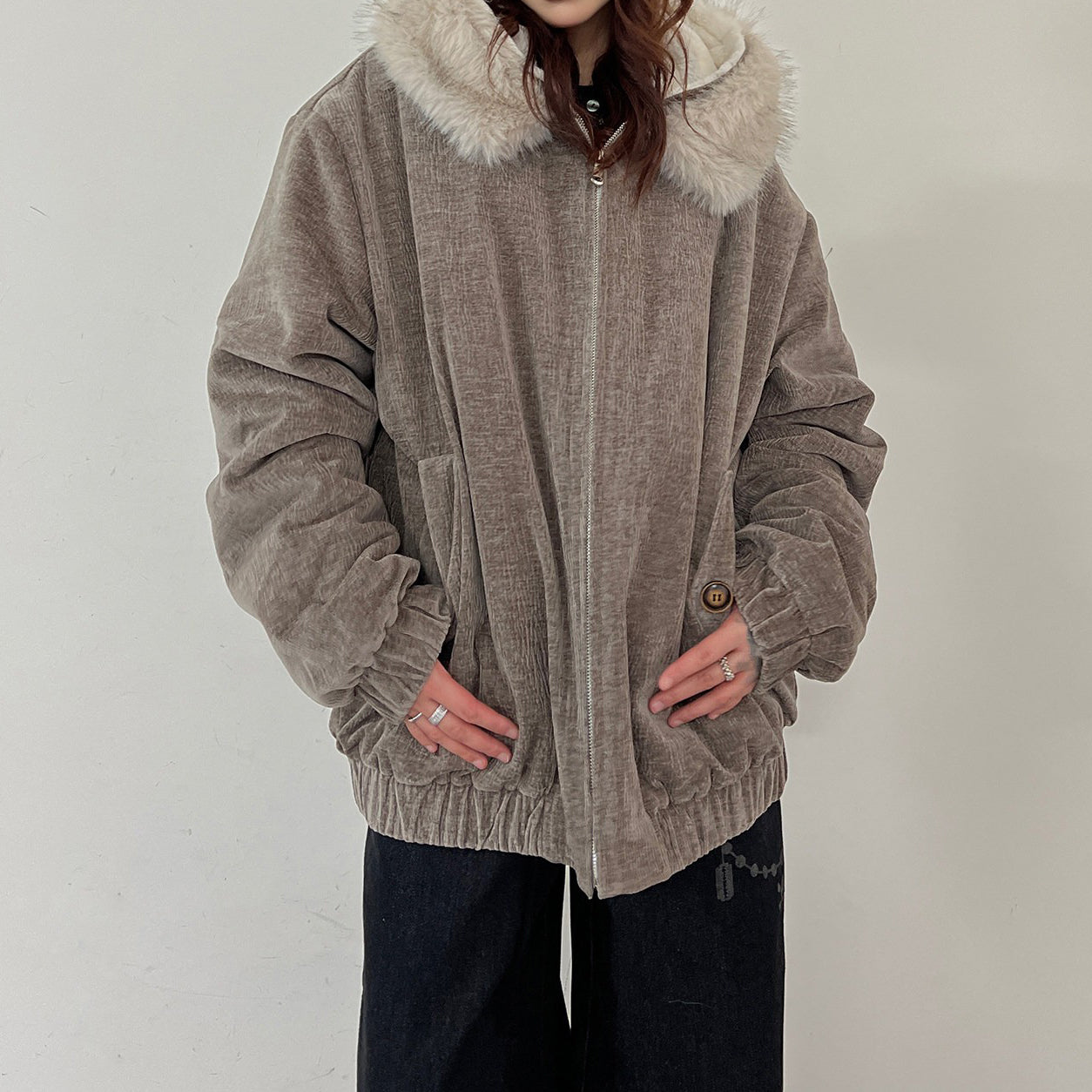 【アウター】ヴィンテージ フード 中綿ジャケット レディース 秋冬 裏起毛 保温 オーバーサイズ ジップアップ【FCシリーズ】【20～25日内発送】