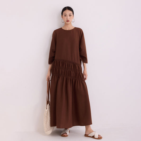 【ワンピース】リラックス感漂う 気品あるワンピース レディース ヴィンテージ風 メラードカラー 通勤向け 七分袖ロングドレス【JZシリーズ】