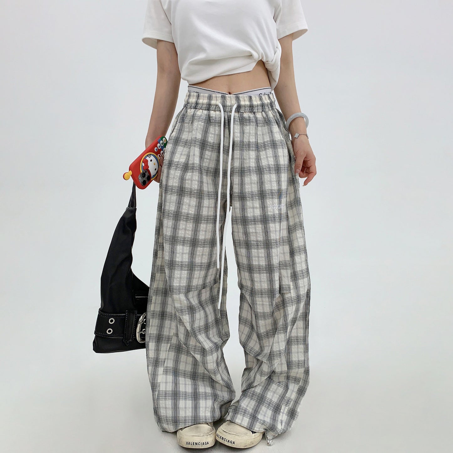 【ボトムス】アメリカン ヴィンテージ風 リラックス 感のある 薄手 チェック柄 ストレート ワイド パンツ【FCシリーズ】