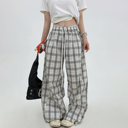 【ボトムス】アメリカン ヴィンテージ風 リラックス 感のある 薄手 チェック柄 ストレート ワイド パンツ【FCシリーズ】