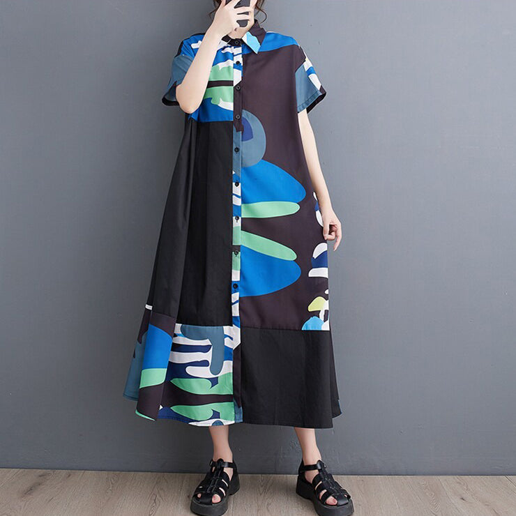 期間限定⭐️60%OFF【ワンピース】大人可愛い レトロ プリント ロングワンピース 夏 半袖 文芸風 ゆるシルエット 総柄 シャツドレス マキシ丈 大きいサイズ【SHシリーズ】