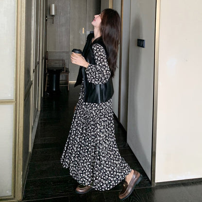 2点セット【セットアップ】PUレザーベスト+ 花柄 長袖ワンピース 2点セット レディース 春秋 高級感  韓国風 コーディネート おしゃれ【SHシリーズ】