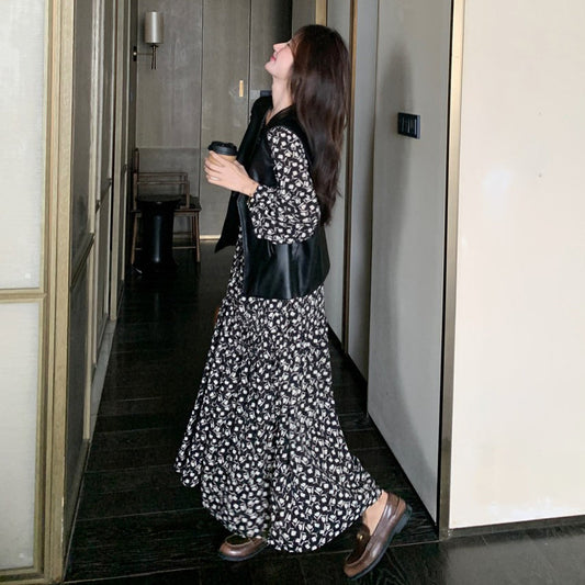 2点セット【セットアップ】PUレザーベスト+ 花柄 長袖ワンピース 2点セット レディース 春秋 高級感  韓国風 コーディネート おしゃれ【SHシリーズ】