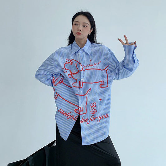 【トップス】大人可愛い カートゥーン柄シャツ レディース ゆったり長袖【FCシリーズ】