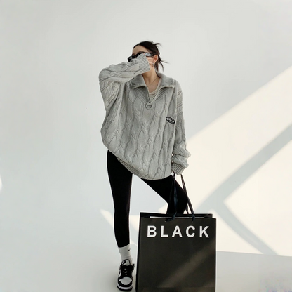 【トップス】ルーズ ファスナー付き  立襟 春 秋 冬 プルオーバー ニット セーター 【FCシリーズ】